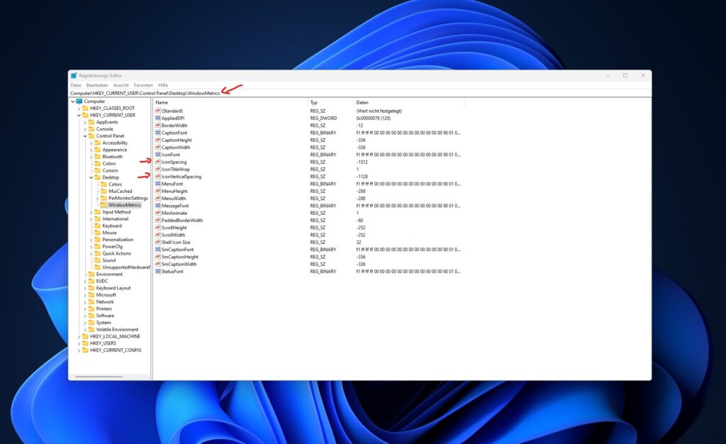 Registry Pfad zur Metrics Icon abstand