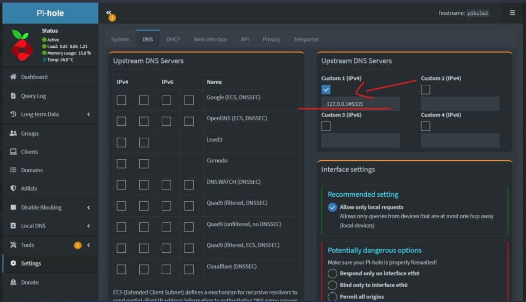 pi-hole Unbound DNS custom upstream server